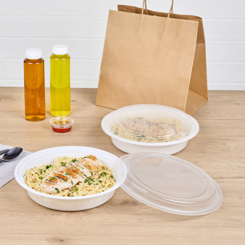 Asporto 48 oz Round White Plastic To Go Box - with Clear Lid, Microwavable - 9" x 9" x 1 3/4" - 100 count box