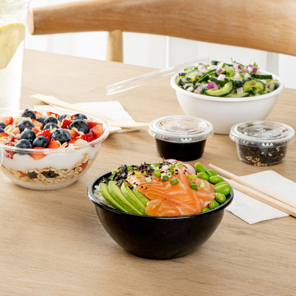 Mini Serve 7 oz Round Black Plastic Salad Bowl - 5" x 5" x 1 3/4" - 200 count box