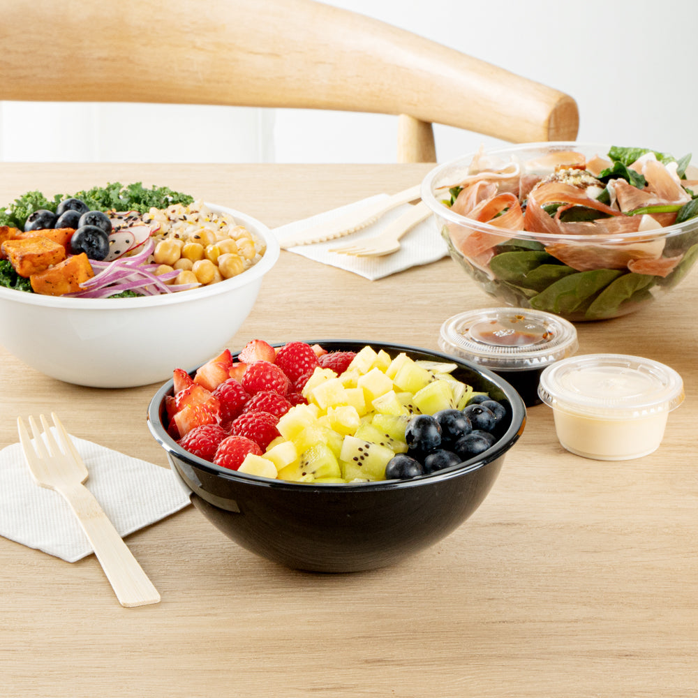 Maxi Serve 18 oz Round Black Plastic Salad Bowl - 6" x 6" x 2 1/2" - 200 count box