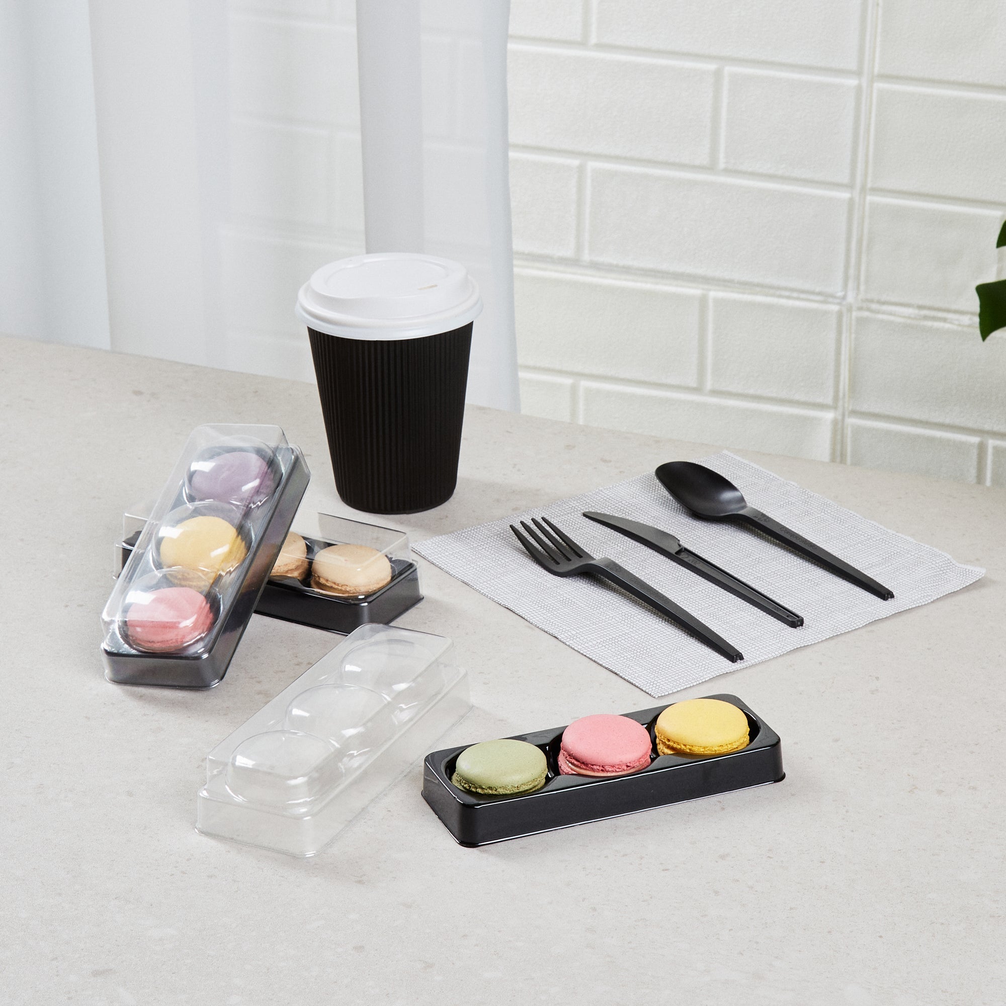 Shock Safe Rectangle Black Plastic Macaron Take Out Box - Fits 3 Macarons - 5 3/4" x 2 1/4" x 1 1/2" - 100 count box