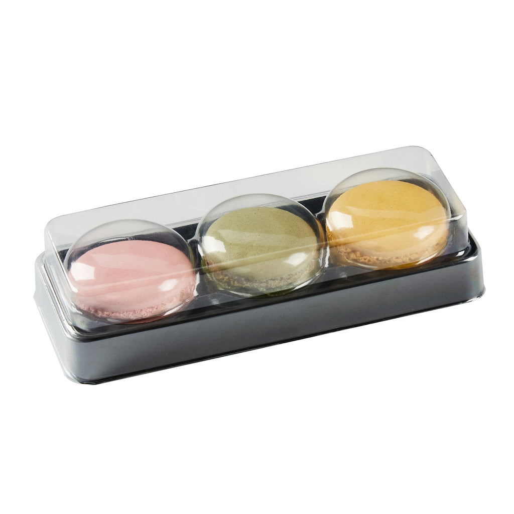 Shock Safe Rectangle Black Plastic Macaron Take Out Box - Fits 3 Macarons - 5 3/4" x 2 1/4" x 1 1/2" - 100 count box