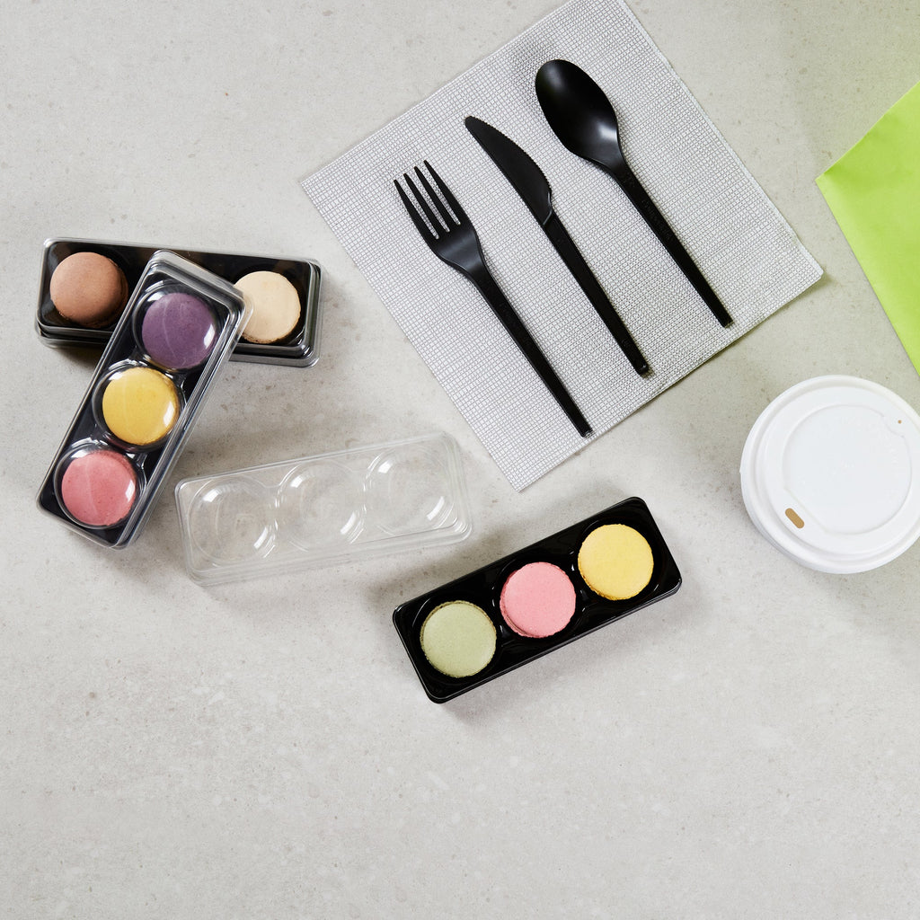 Shock Safe Rectangle Black Plastic Macaron Take Out Box - Fits 3 Macarons - 5 3/4" x 2 1/4" x 1 1/2" - 100 count box