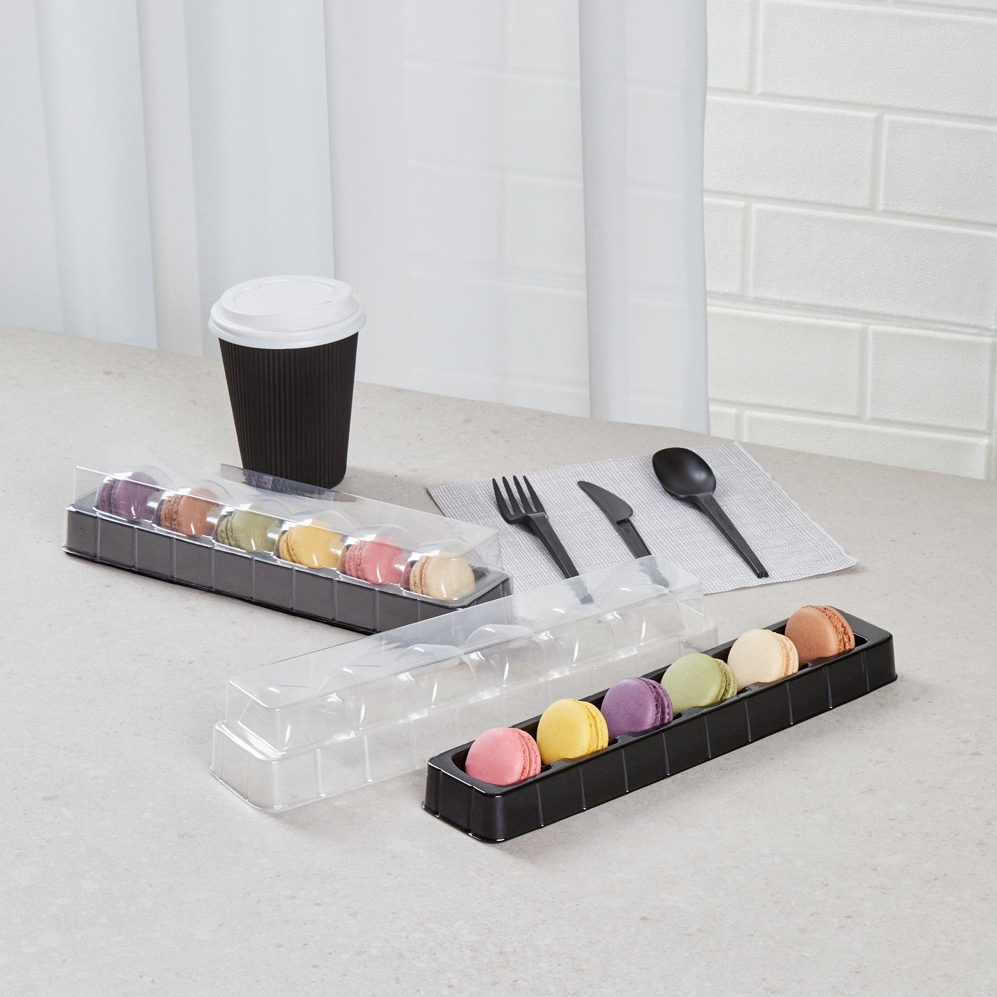 Shock Safe Rectangle Black Plastic Macaron Take Out Box - Fits 6 Macarons - 11" x 2 1/2" x 2" - 100 count box