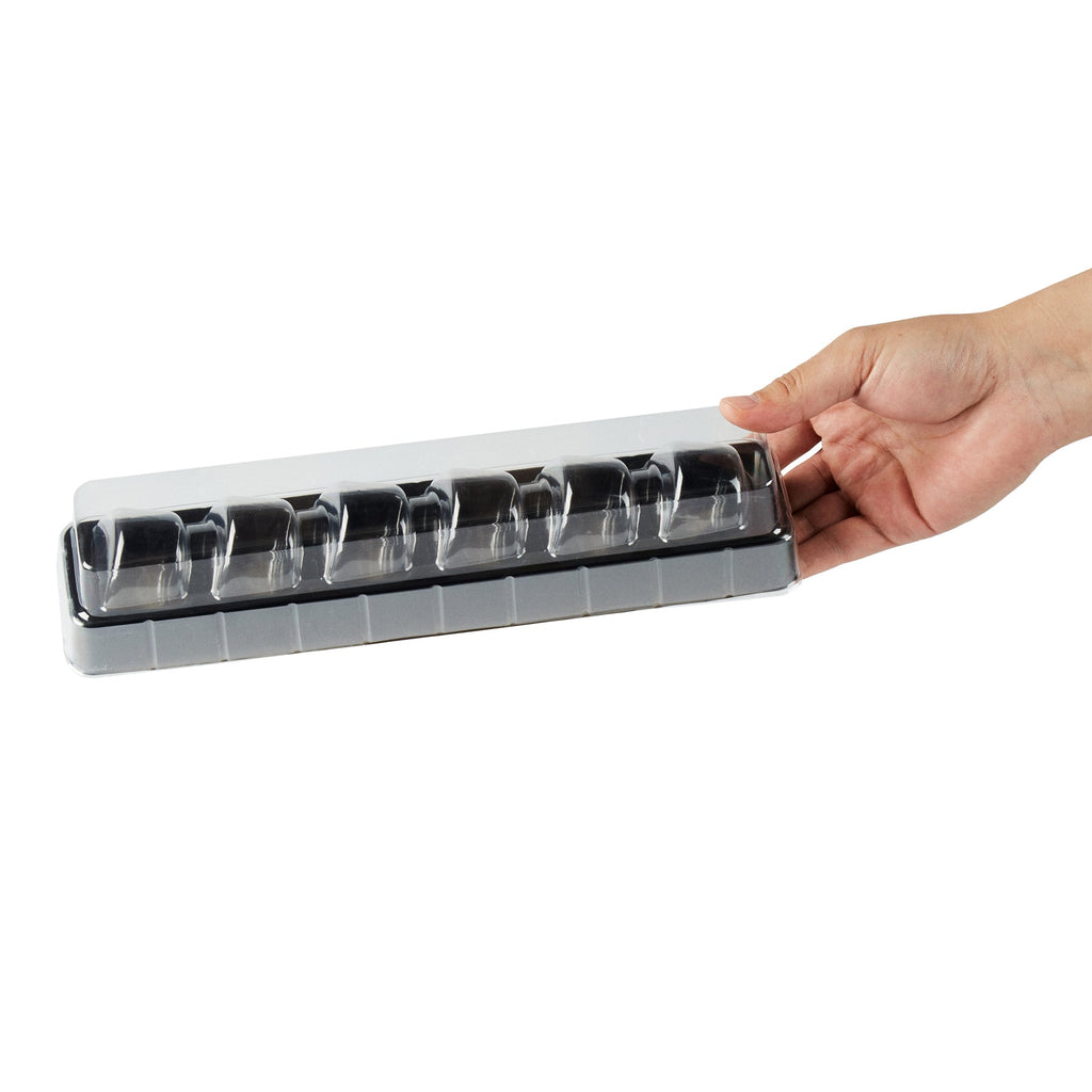 Shock Safe Rectangle Black Plastic Macaron Take Out Box - Fits 6 Macarons - 11" x 2 1/2" x 2" - 100 count box