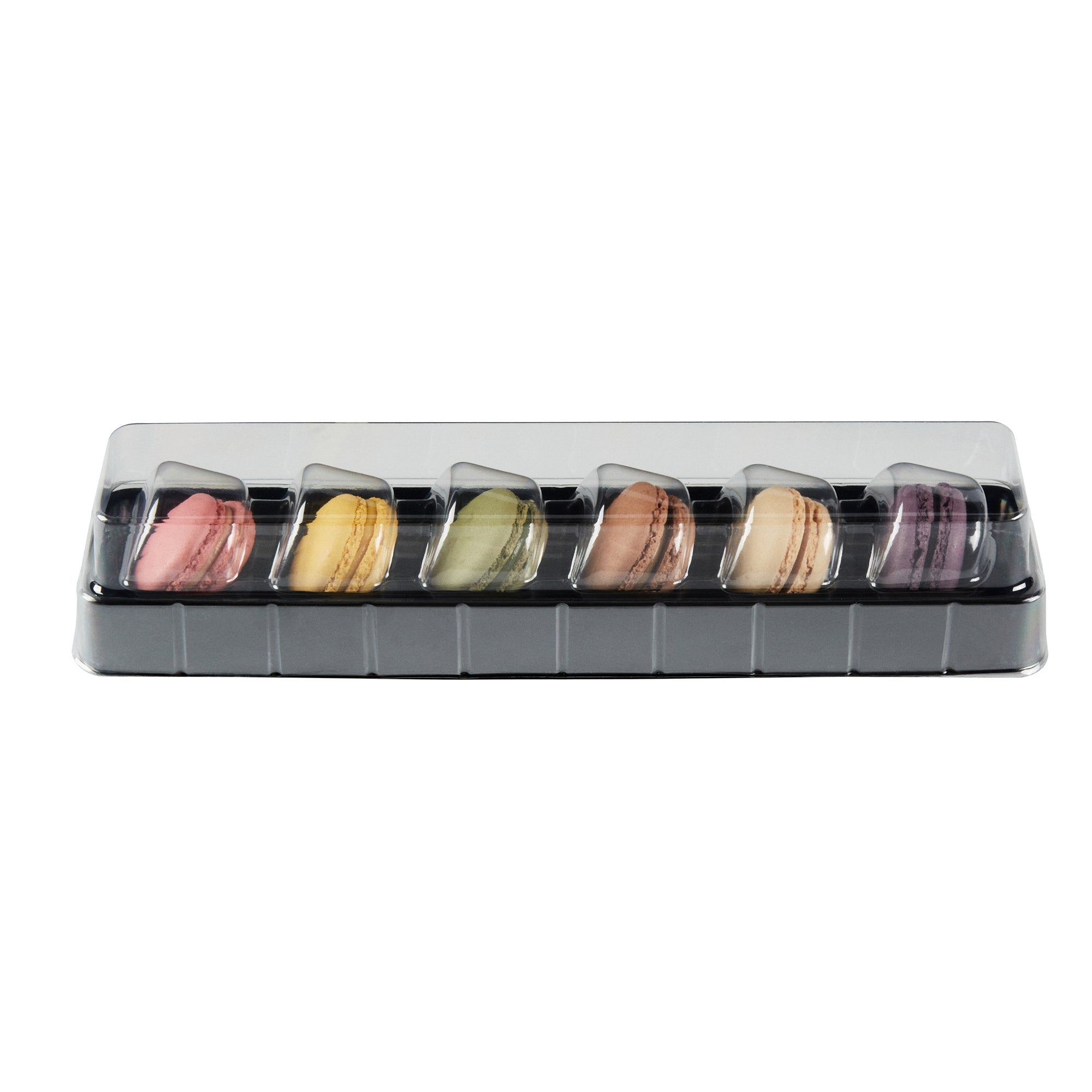 Shock Safe Rectangle Black Plastic Macaron Take Out Box - Fits 6 Macarons - 11" x 2 1/2" x 2" - 100 count box
