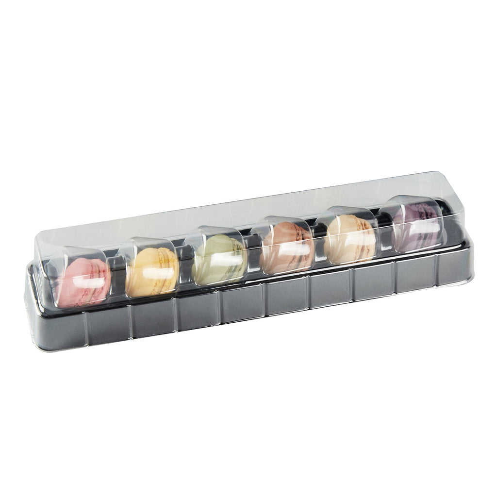 Shock Safe Rectangle Black Plastic Macaron Take Out Box - Fits 6 Macarons - 11" x 2 1/2" x 2" - 100 count box