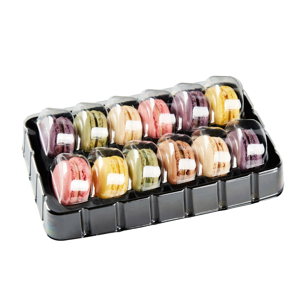 Shock Safe Rectangle Black Plastic Macaron Take Out Box - Fits 12 Macarons - 11" x 4 1/2" x 2" - 100 count box
