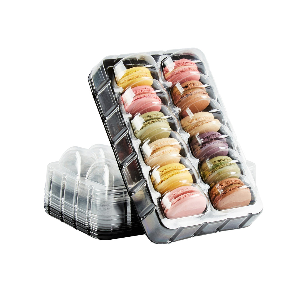 Shock Safe Rectangle Black Plastic Macaron Take Out Box - Fits 12 Macarons - 11" x 4 1/2" x 2" - 100 count box