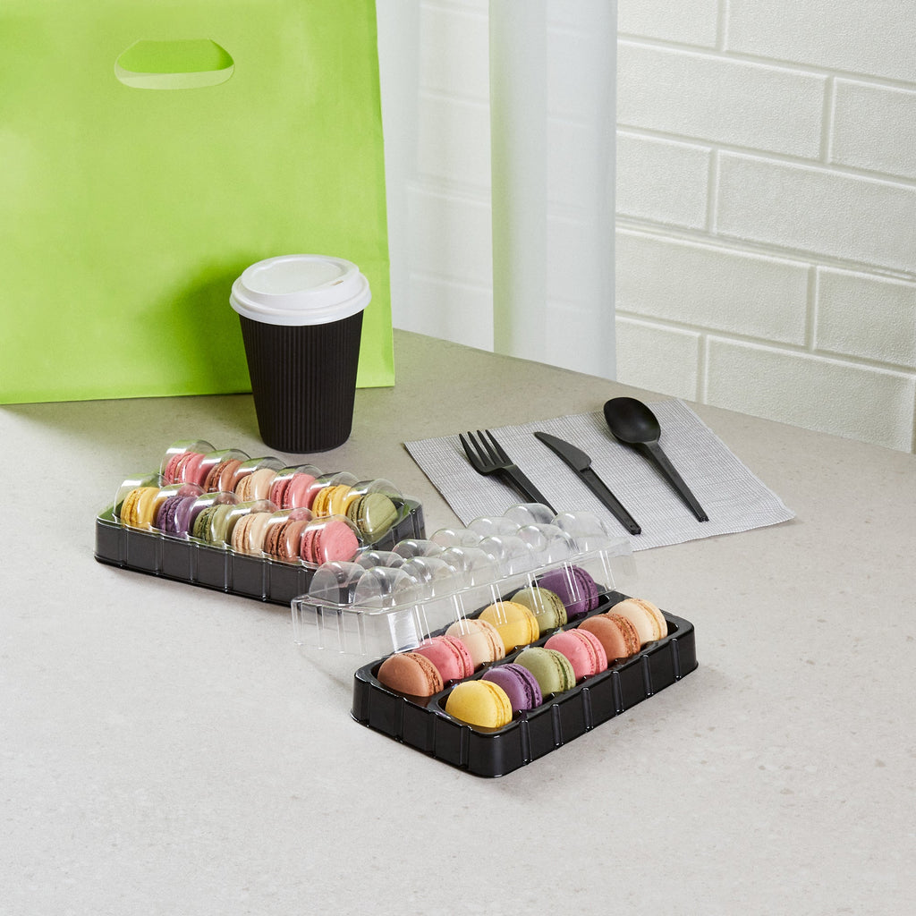 Shock Safe Rectangle Black Plastic Macaron Take Out Box - Fits 12 Macarons - 11" x 4 1/2" x 2" - 100 count box