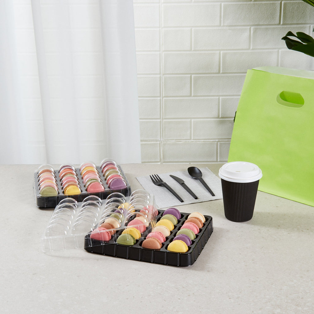 Shock Safe Rectangle Black Plastic Macaron Take Out Box - Fits 24 Macarons - 11" x 9" x 2" - 100 count box