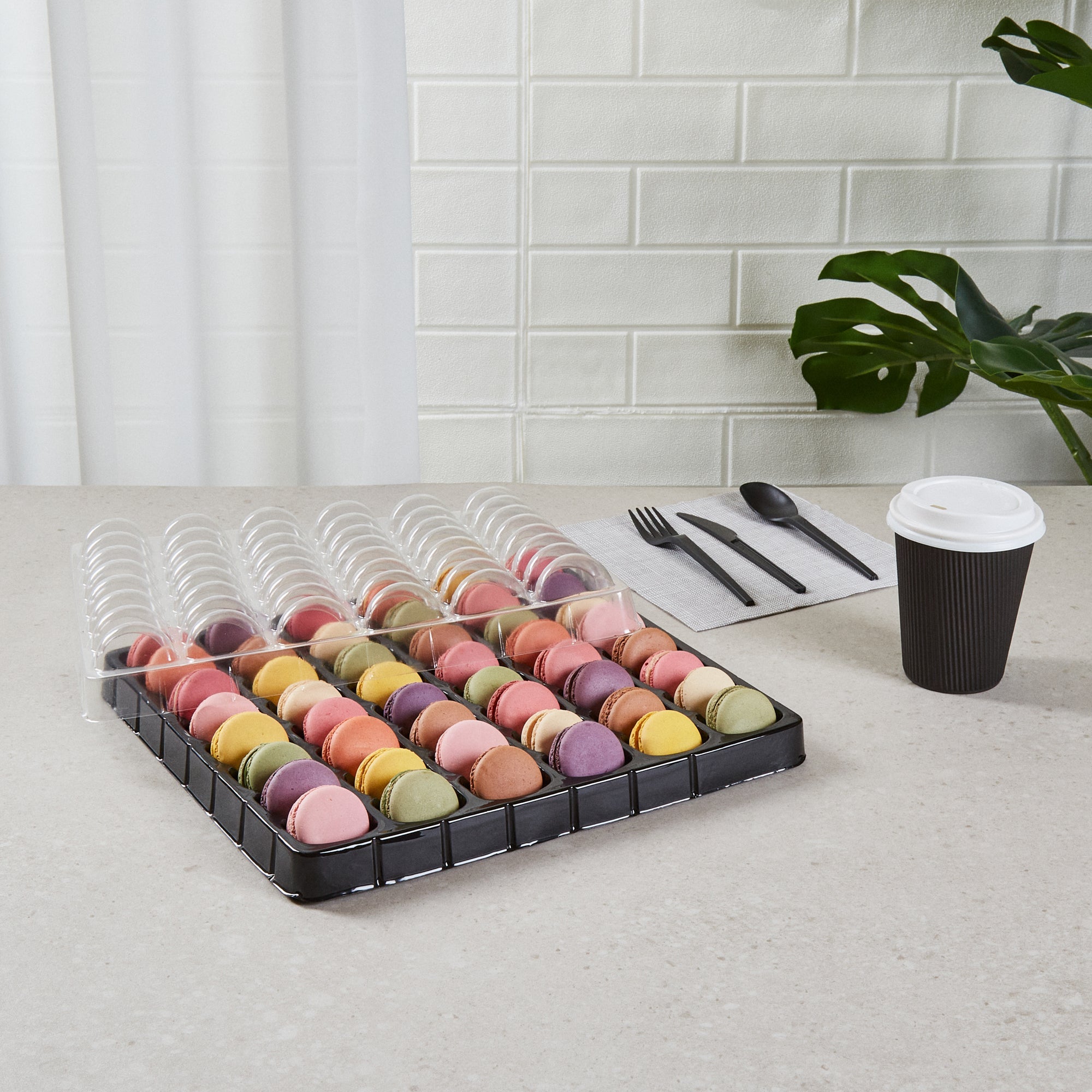 Shock Safe Rectangle Black Plastic Macaron Take Out Box - Fits 48 Macarons - 13 1/4" x 13 1/4" x 2" - 100 count box
