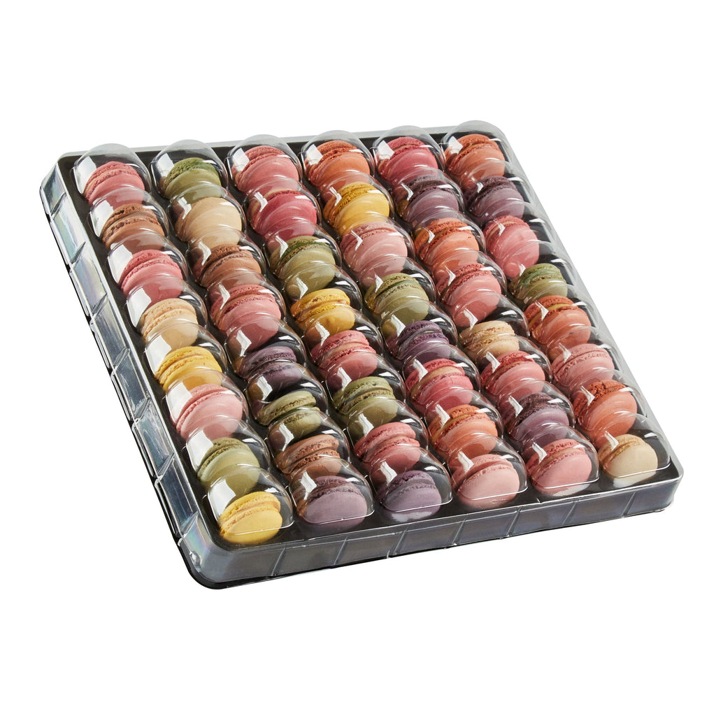 Shock Safe Rectangle Black Plastic Macaron Take Out Box - Fits 48 Macarons - 13 1/4" x 13 1/4" x 2" - 100 count box