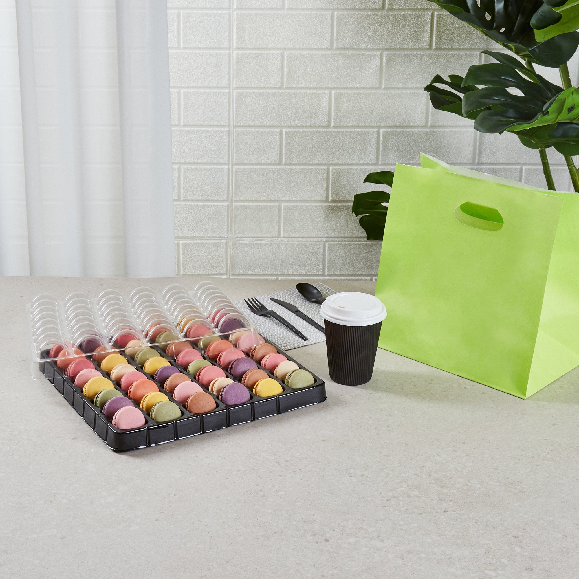 Shock Safe Rectangle Black Plastic Macaron Take Out Box - Fits 48 Macarons - 13 1/4" x 13 1/4" x 2" - 100 count box