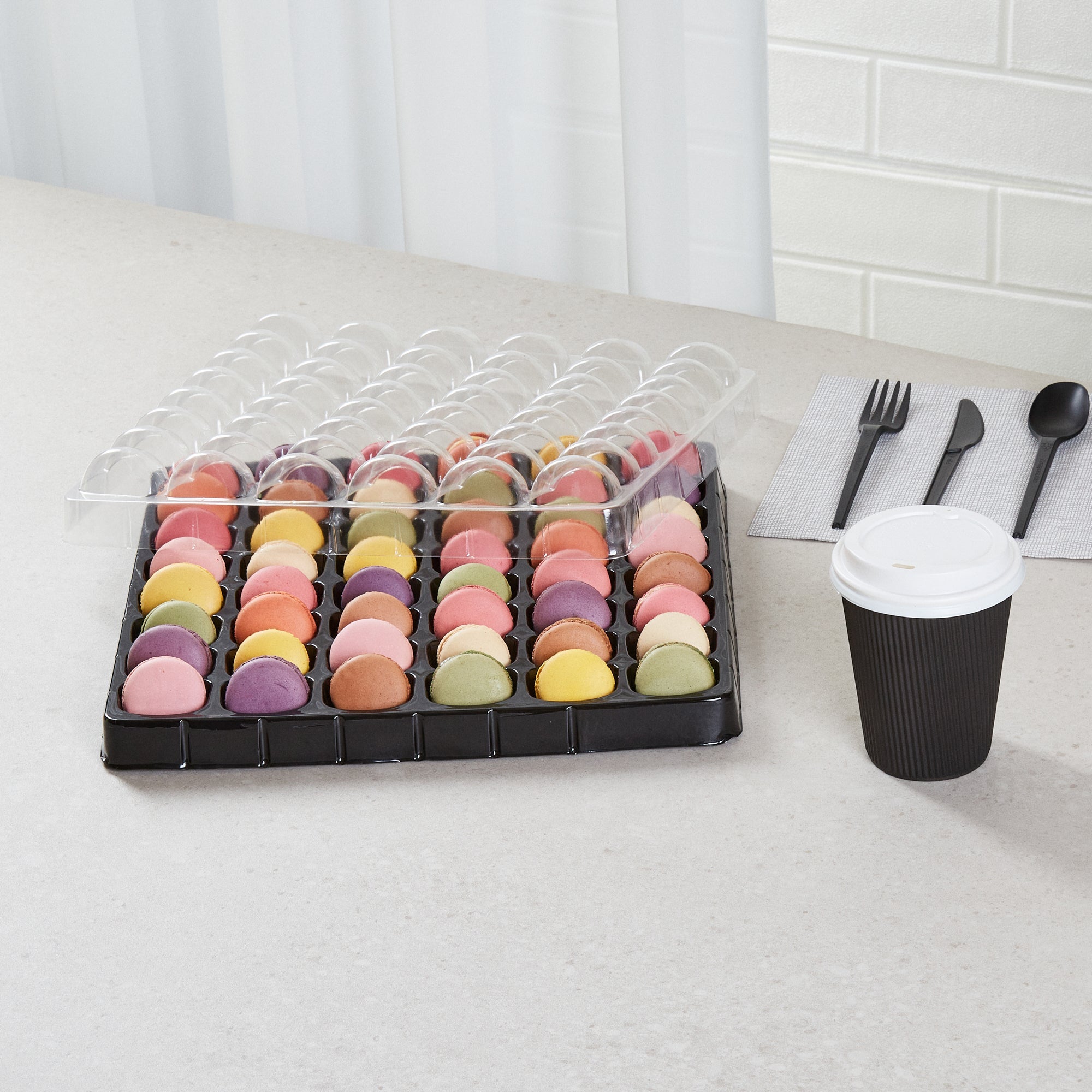 Shock Safe Rectangle Black Plastic Macaron Take Out Box - Fits 48 Macarons - 13 1/4" x 13 1/4" x 2" - 100 count box