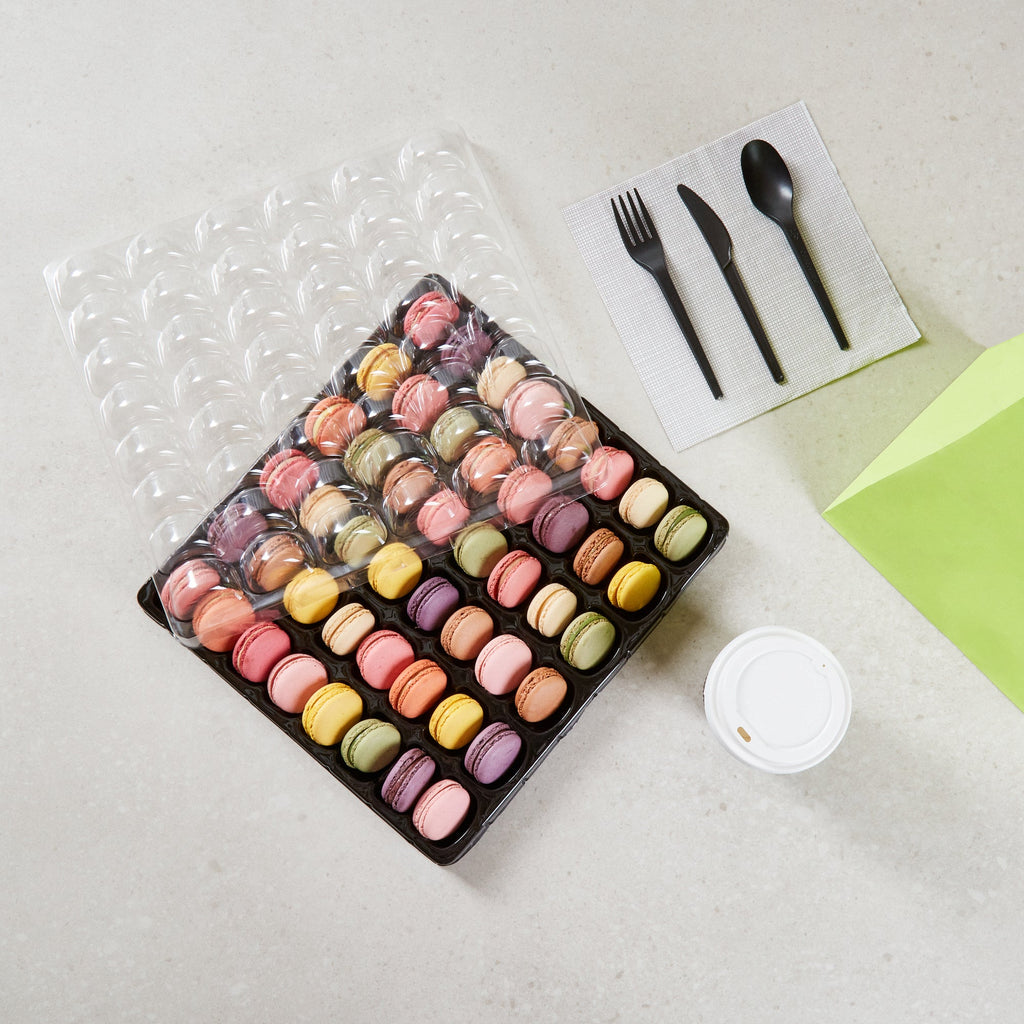 Shock Safe Rectangle Black Plastic Macaron Take Out Box - Fits 48 Macarons - 13 1/4" x 13 1/4" x 2" - 100 count box