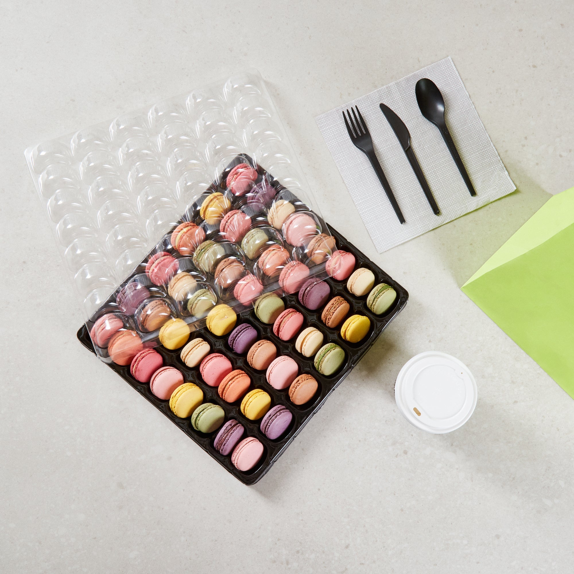 Shock Safe Rectangle Black Plastic Macaron Take Out Box - Fits 48 Macarons - 13 1/4" x 13 1/4" x 2" - 100 count box