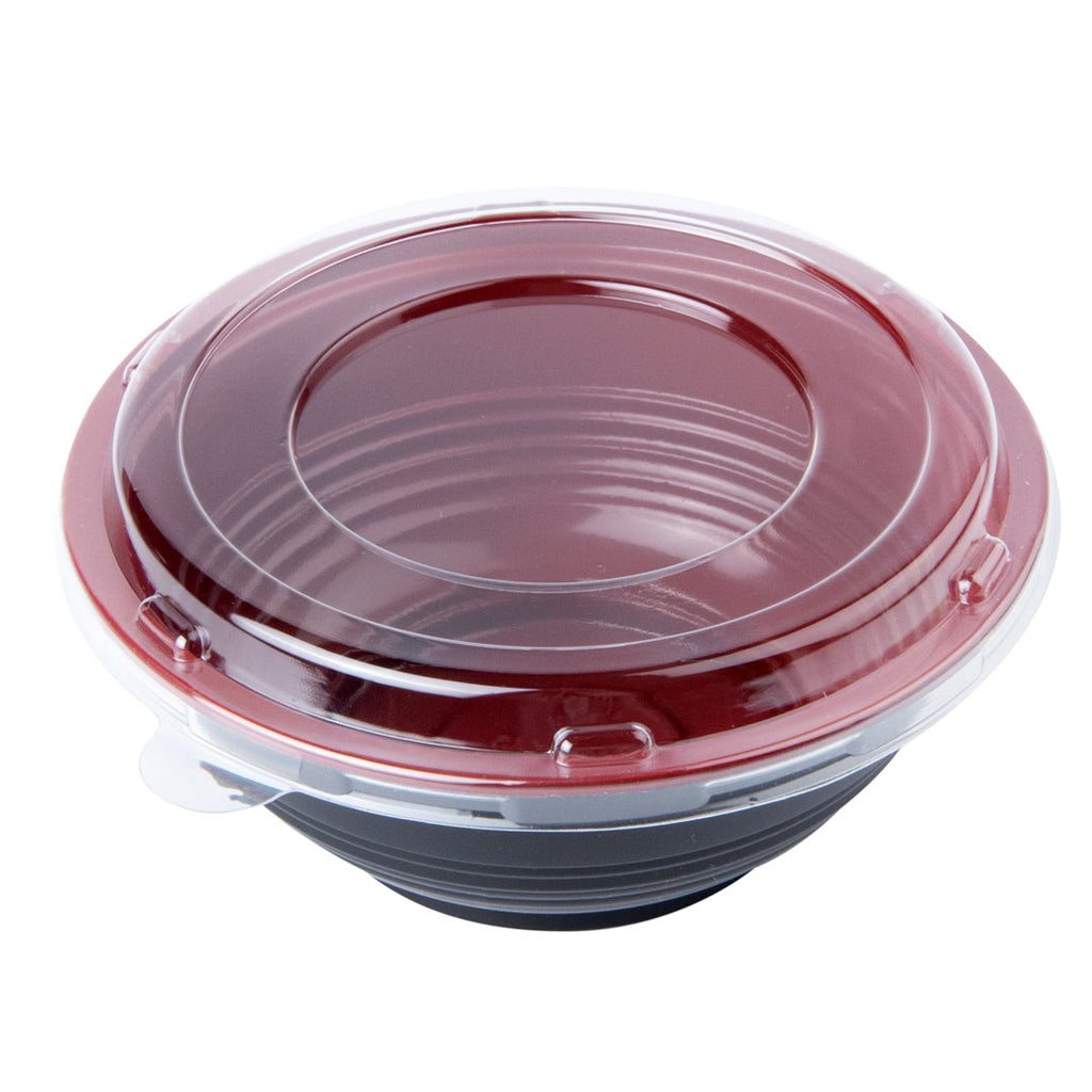 Bento Tek 18 oz Round Black and Red Plastic Small Asian Panda Bowl - with Clear Lid, Microwavable - 6" x 6" x 2 1/2" - 200 count box