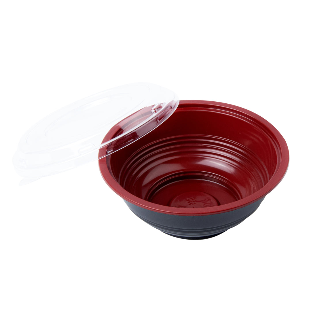 Bento Tek 18 oz Round Black and Red Plastic Small Asian Panda Bowl - with Clear Lid, Microwavable - 6" x 6" x 2 1/2" - 200 count box