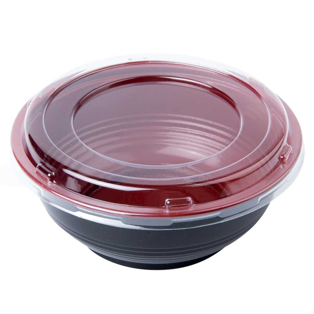 Bento Tek 24 oz Round Black and Red Plastic Medium Asian Panda Bowl - Clear Lid, Microwavable - 6 1/2" x 6 1/2" x 2 1/2" - 200 count box