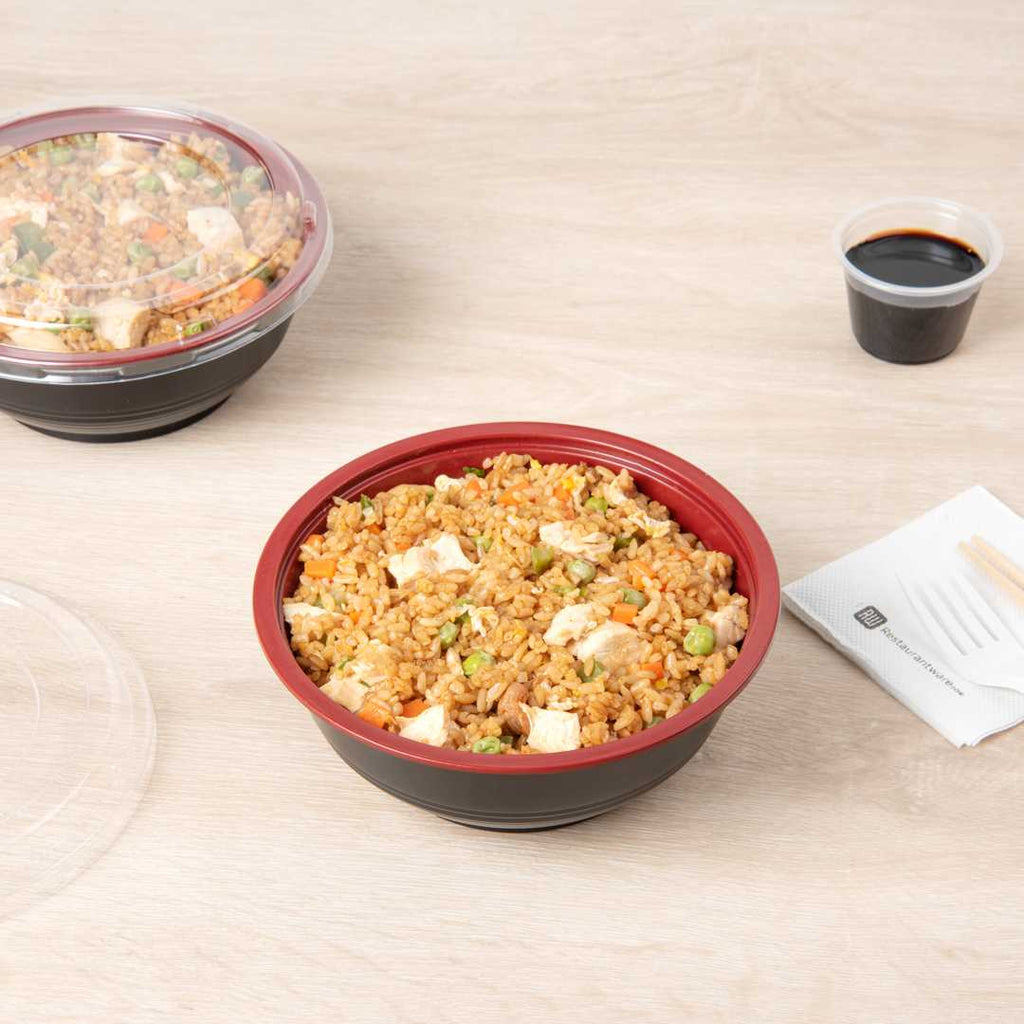 Bento Tek 24 oz Round Black and Red Plastic Medium Asian Panda Bowl - Clear Lid, Microwavable - 6 1/2" x 6 1/2" x 2 1/2" - 200 count box
