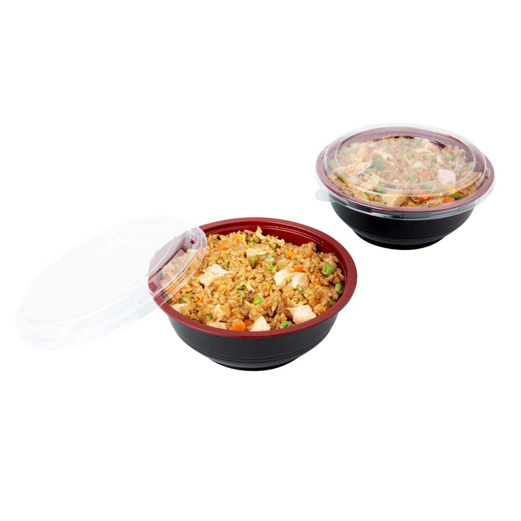 Bento Tek 24 oz Round Black and Red Plastic Medium Asian Panda Bowl - Clear Lid, Microwavable - 6 1/2" x 6 1/2" x 2 1/2" - 200 count box