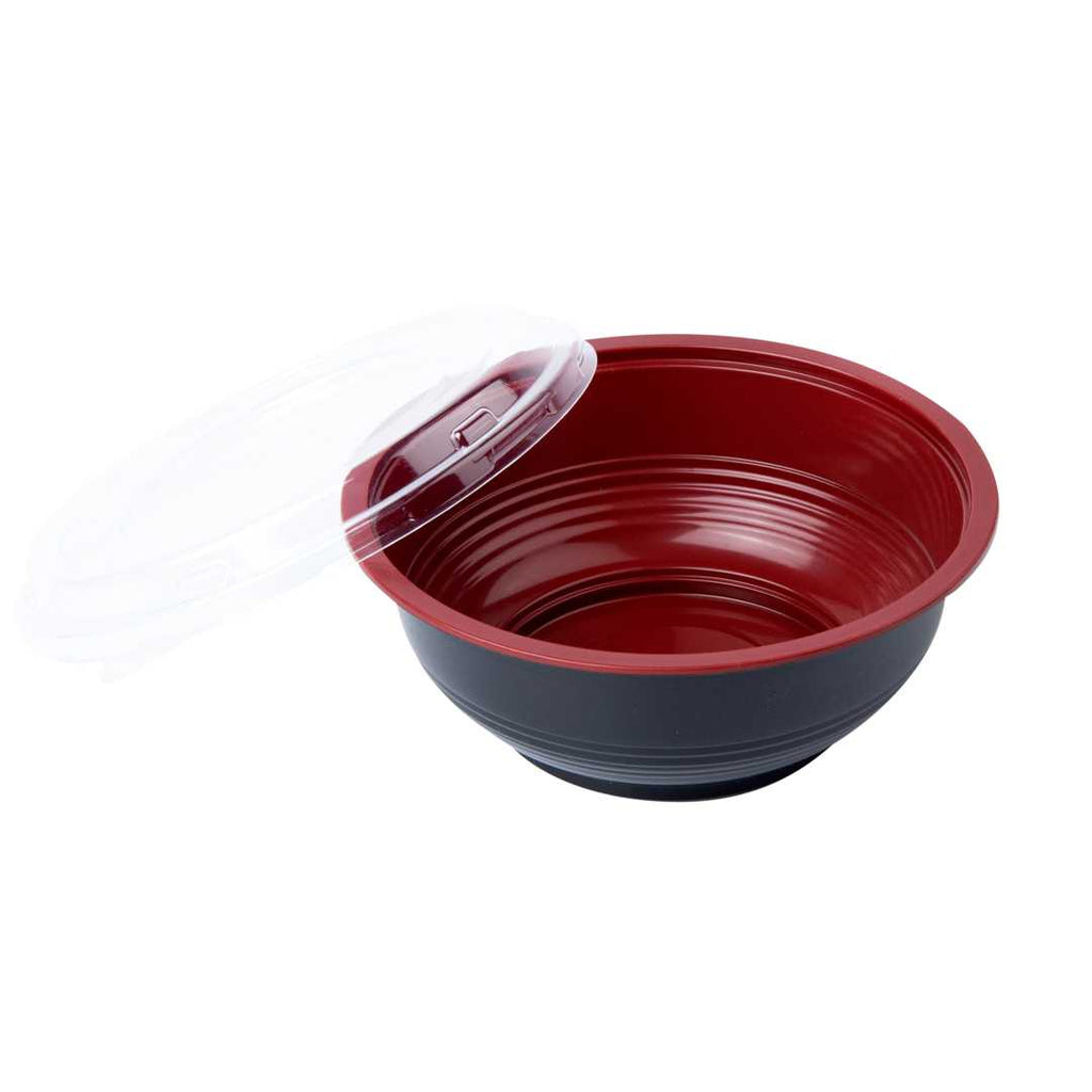 Bento Tek 24 oz Round Black and Red Plastic Medium Asian Panda Bowl - Clear Lid, Microwavable - 6 1/2" x 6 1/2" x 2 1/2" - 200 count box
