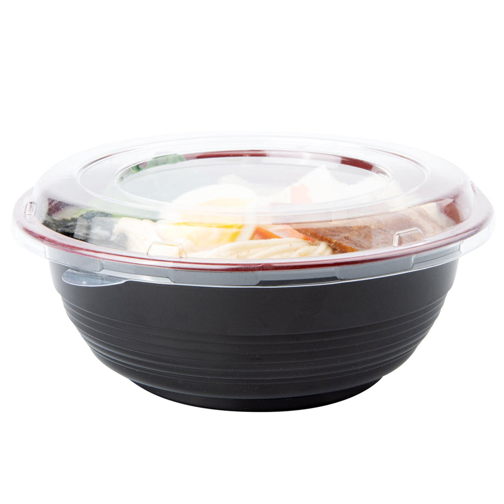 Bento Tek 34 oz Round Black and Red Plastic Large Asian Panda Bowl - with Clear Lid, Microwavable - 7 1/4" x 7 1/4" x 2 3/4" - 200 count box