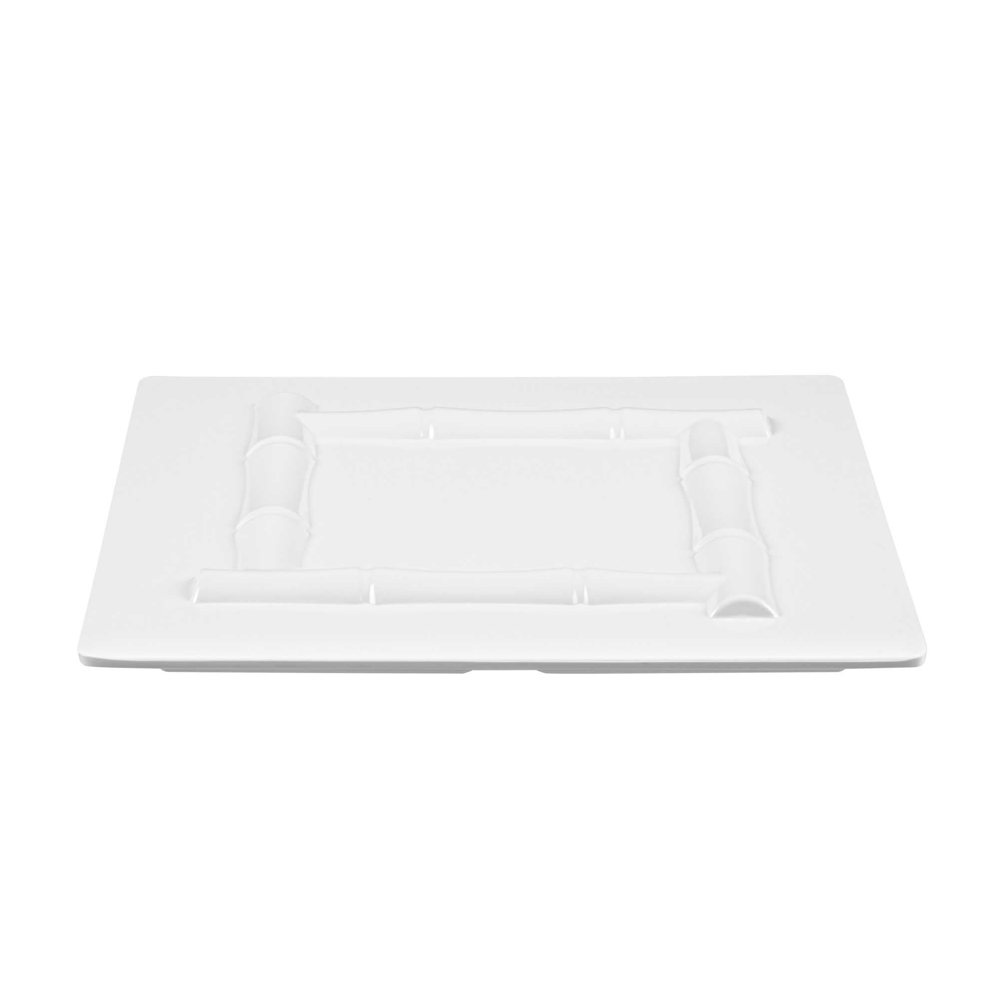 Voga Square White Melamine Plate - Bamboo Trim - 12" x 12" x 1" - 10 count box
