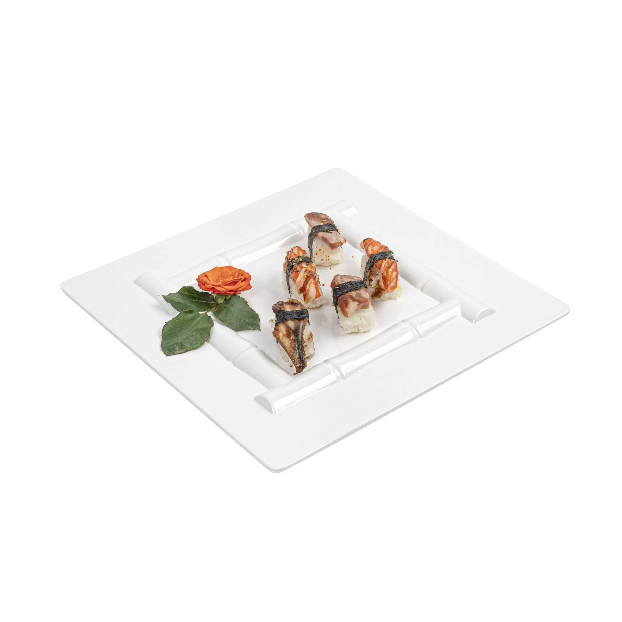 Voga Square White Melamine Plate - Bamboo Trim - 12" x 12" x 1" - 10 count box