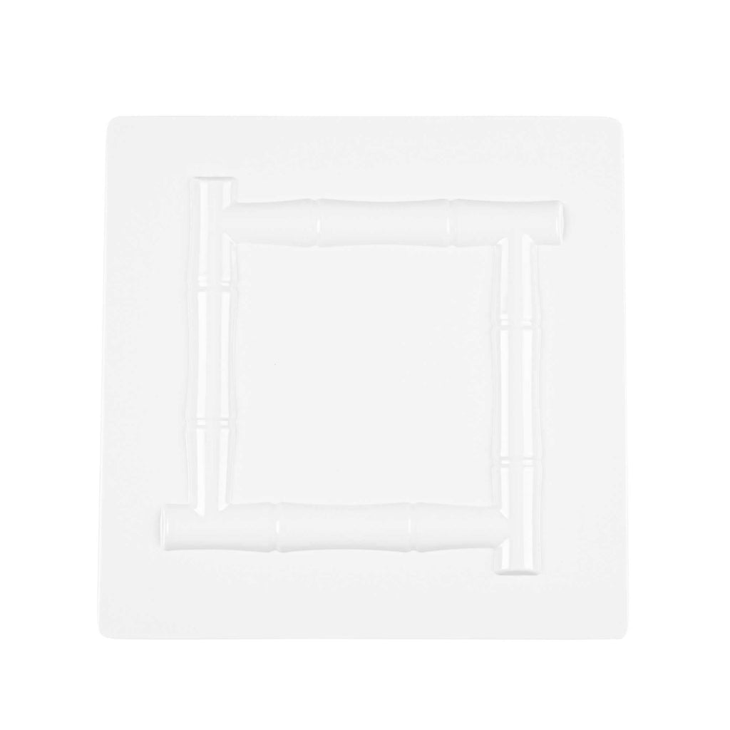 Voga Square White Melamine Plate - Bamboo Trim - 12" x 12" x 1" - 10 count box