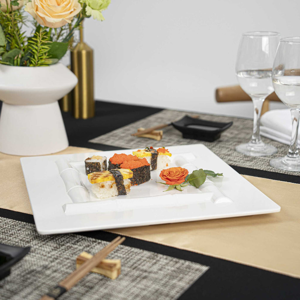 Voga Square White Melamine Plate - Bamboo Trim - 12" x 12" x 1" - 10 count box