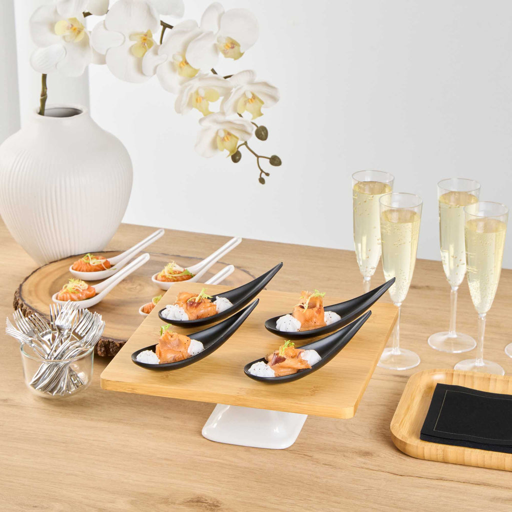 Voga Teardrop Black Melamine Tasting Spoon - Japonais, Moderna - 4 1/4" x 1 3/4" x 1 3/4" - 10 count box