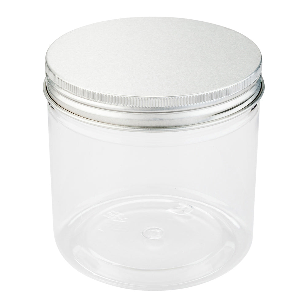 Mini Serve 17 oz Round Clear Plastic Candy and Snack Jar - with Aluminum Lid - 3 1/2" x 3 1/2" x 3 3/4" - 100 count box