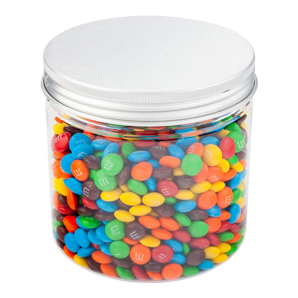 Mini Serve 17 oz Round Clear Plastic Candy and Snack Jar - with Aluminum Lid - 3 1/2" x 3 1/2" x 3 3/4" - 100 count box