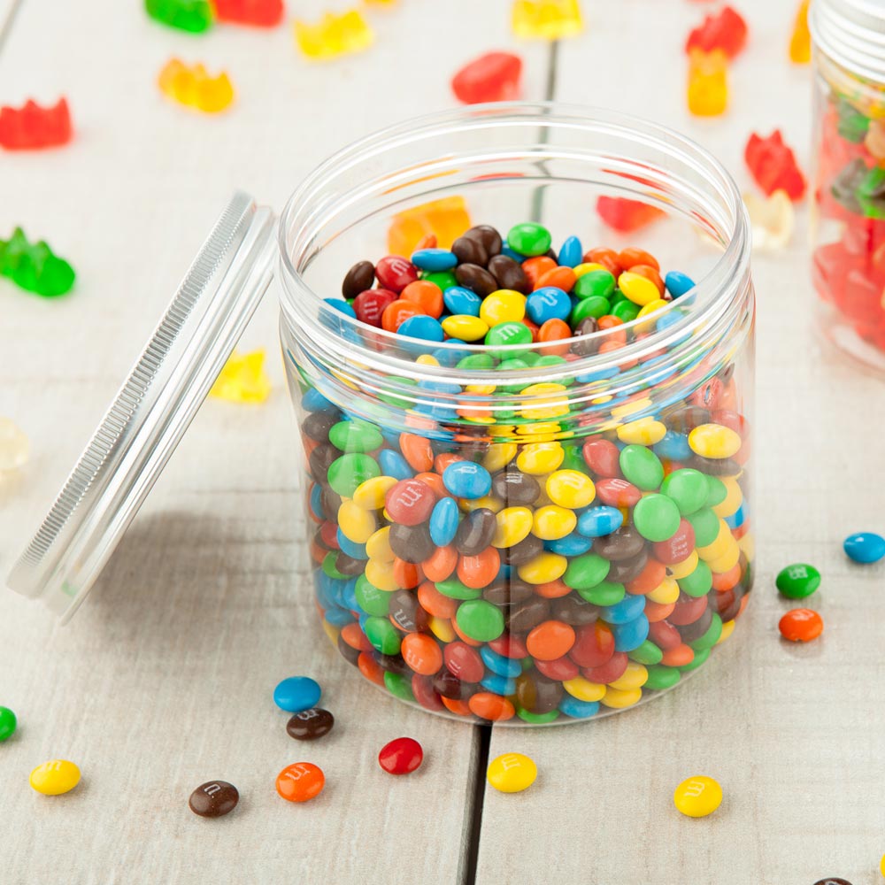 Mini Serve 17 oz Round Clear Plastic Candy and Snack Jar - with Aluminum Lid - 3 1/2" x 3 1/2" x 3 3/4" - 100 count box