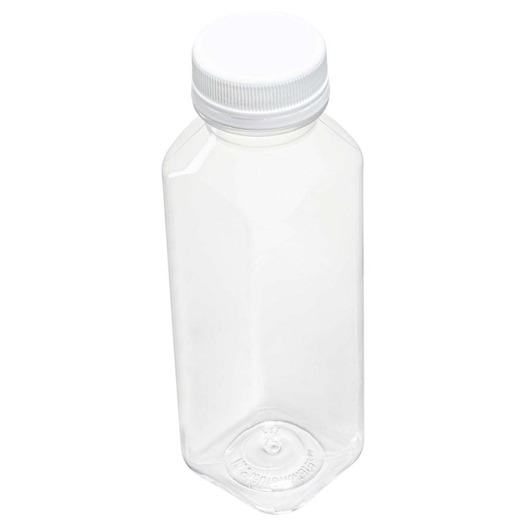Bottle Tek 12 oz Square Clear Plastic Cold Pressed Juice Bottle - with Safety Cap - 2" x 2" x 6 1/2" - 100 count box