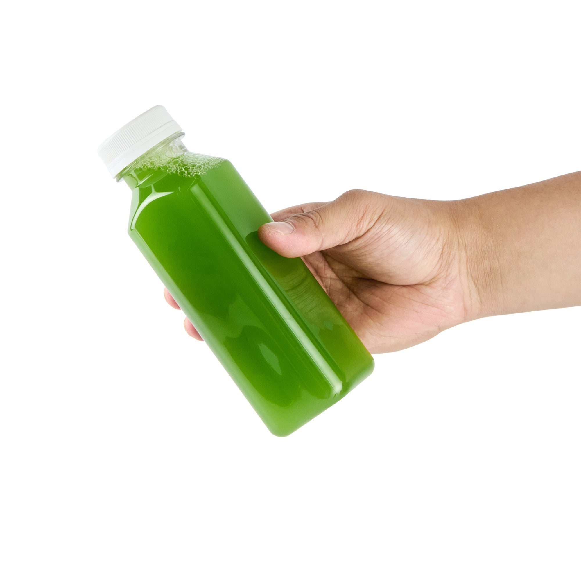 Bottle Tek 12 oz Square Clear Plastic Cold Pressed Juice Bottle - with Safety Cap - 2" x 2" x 6 1/2" - 100 count box