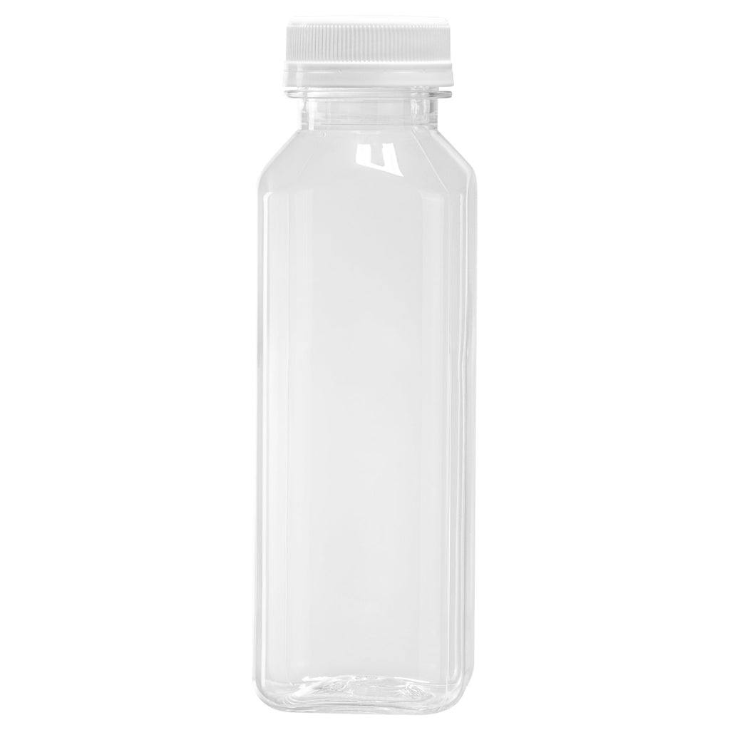 Bottle Tek 12 oz Square Clear Plastic Cold Pressed Juice Bottle - with Safety Cap - 2" x 2" x 6 1/2" - 100 count box