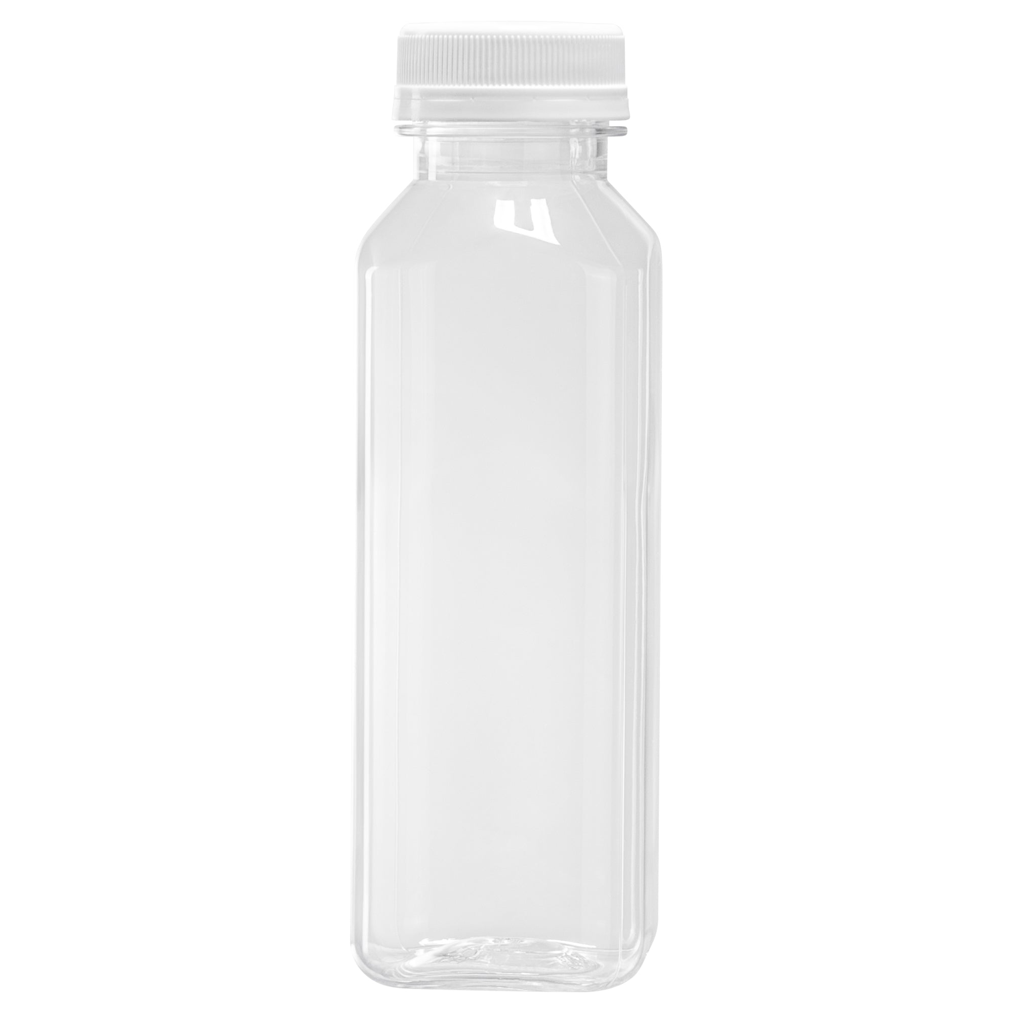 Bottle Tek 12 oz Square Clear Plastic Cold Pressed Juice Bottle - with Safety Cap - 2" x 2" x 6 1/2" - 100 count box