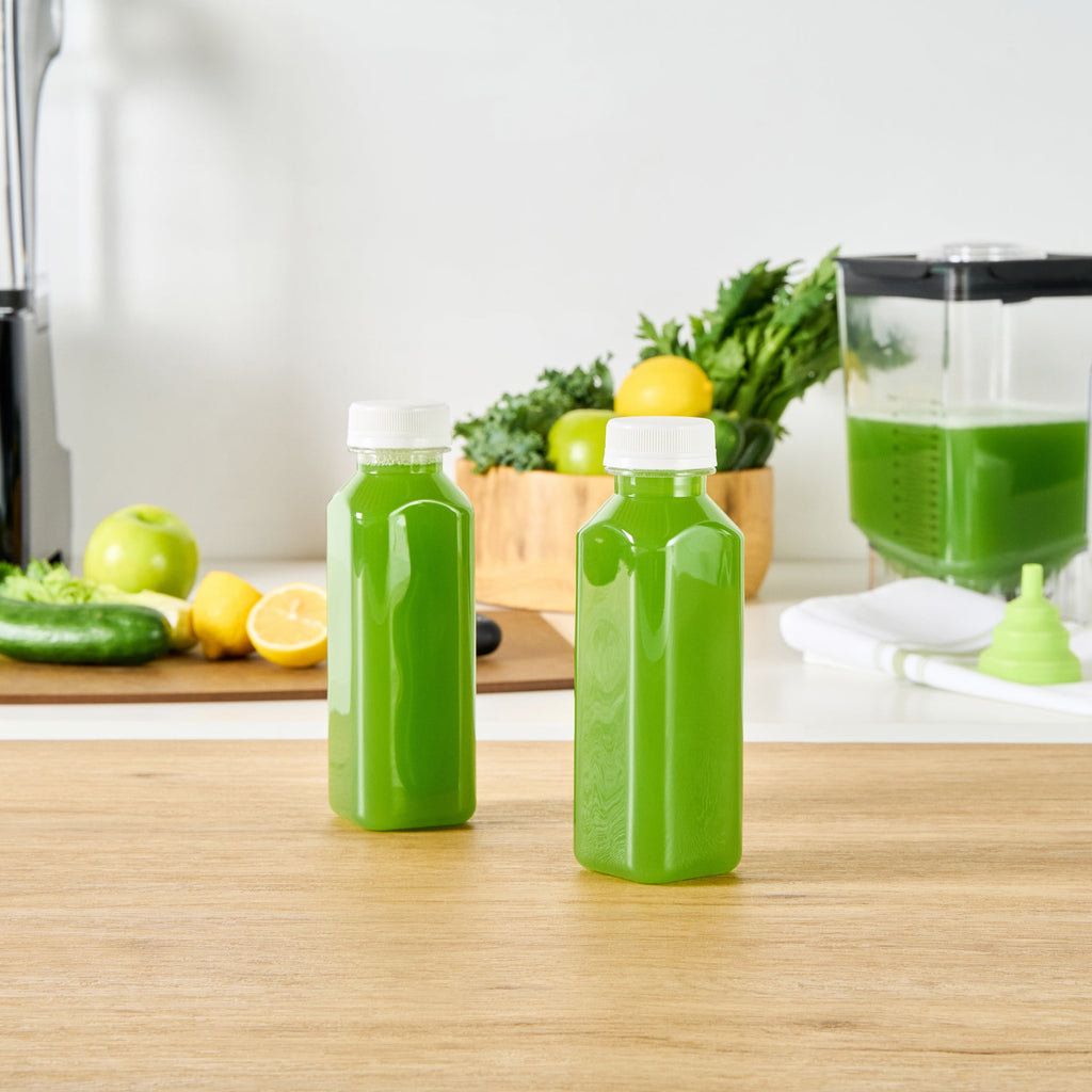 Bottle Tek 12 oz Square Clear Plastic Cold Pressed Juice Bottle - with Safety Cap - 2" x 2" x 6 1/2" - 100 count box