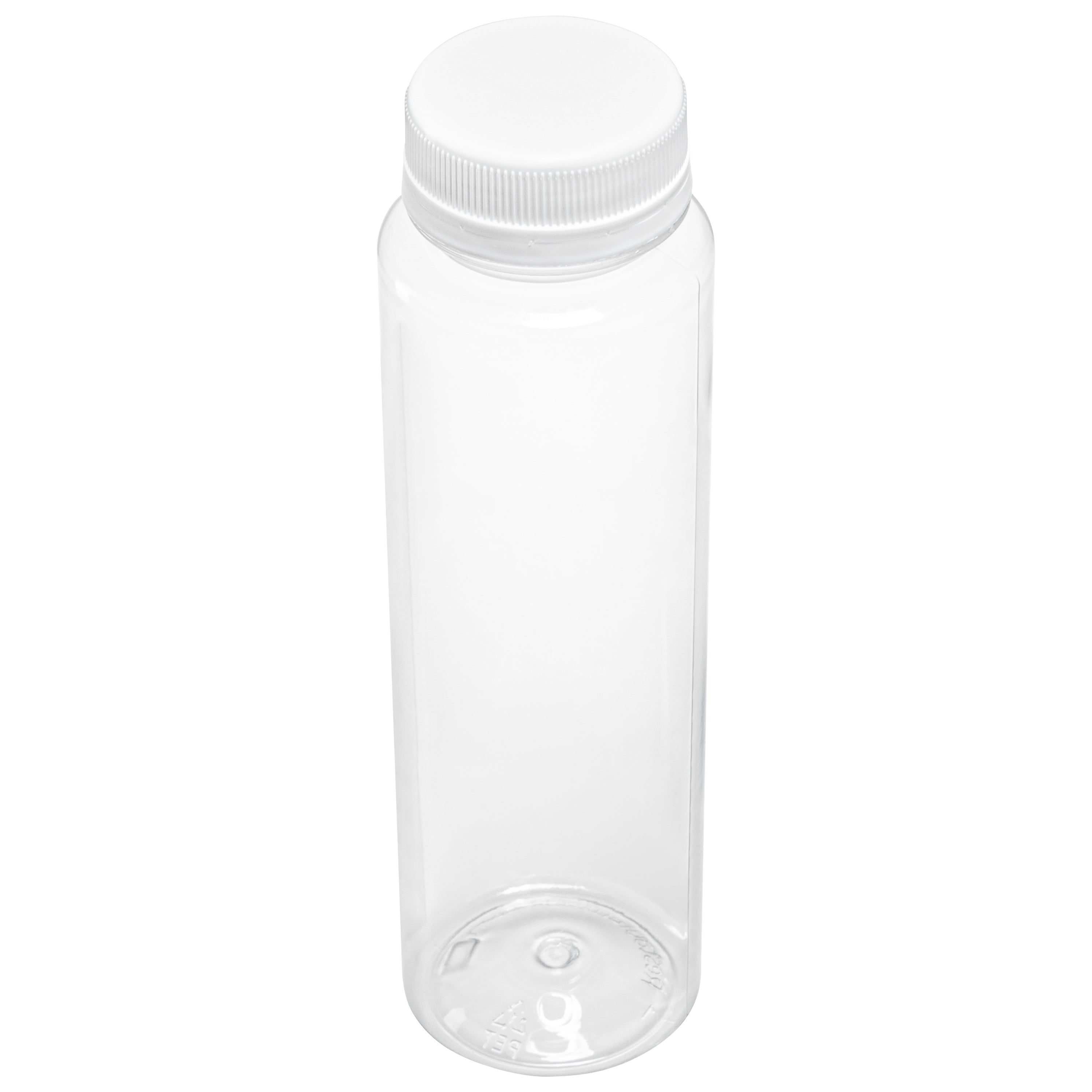 Bottle Tek 8 oz Round Clear Plastic Cold Pressed Juice Bottle - with Safety Cap - 2" x 2" x 6 3/4" - 100 count box