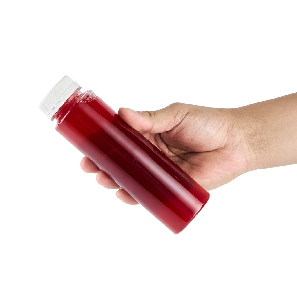 Bottle Tek 8 oz Round Clear Plastic Cold Pressed Juice Bottle - with Safety Cap - 2" x 2" x 6 3/4" - 100 count box