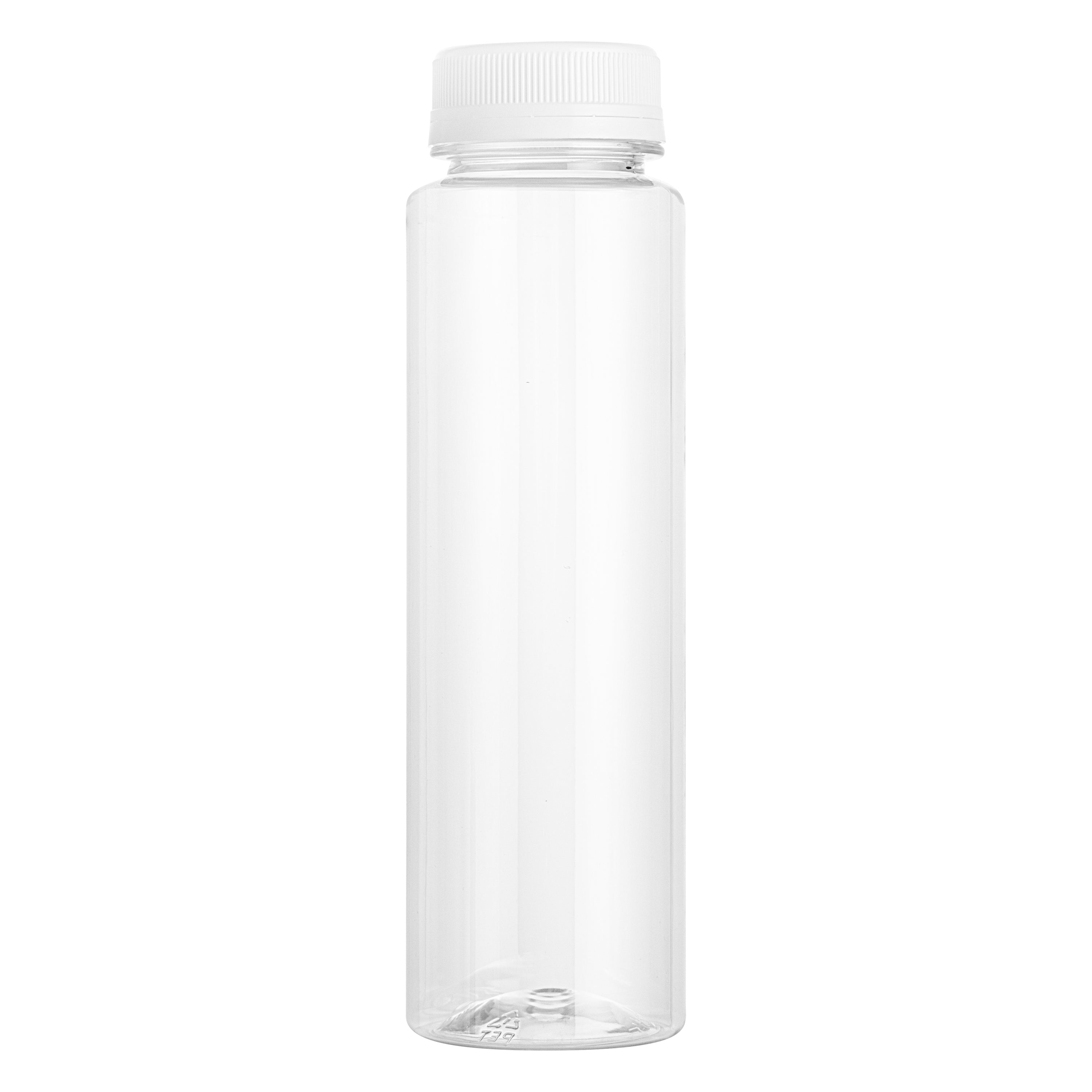 Bottle Tek 8 oz Round Clear Plastic Cold Pressed Juice Bottle - with Safety Cap - 2" x 2" x 6 3/4" - 100 count box