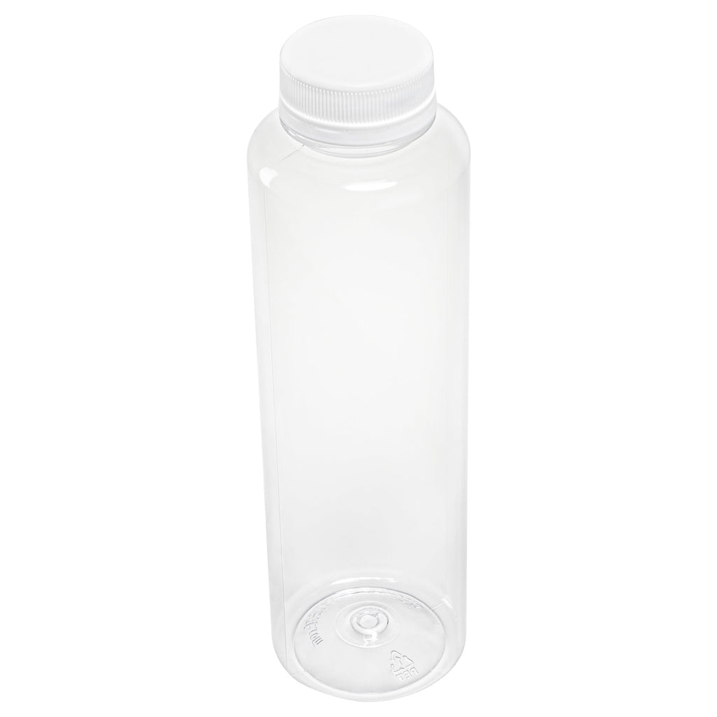 Bottle Tek 16 oz Round Clear Plastic Cold Pressed Juice Bottle - with Safety Cap - 2 1/4" x 2 1/4" x 8 1/4" - 100 count box