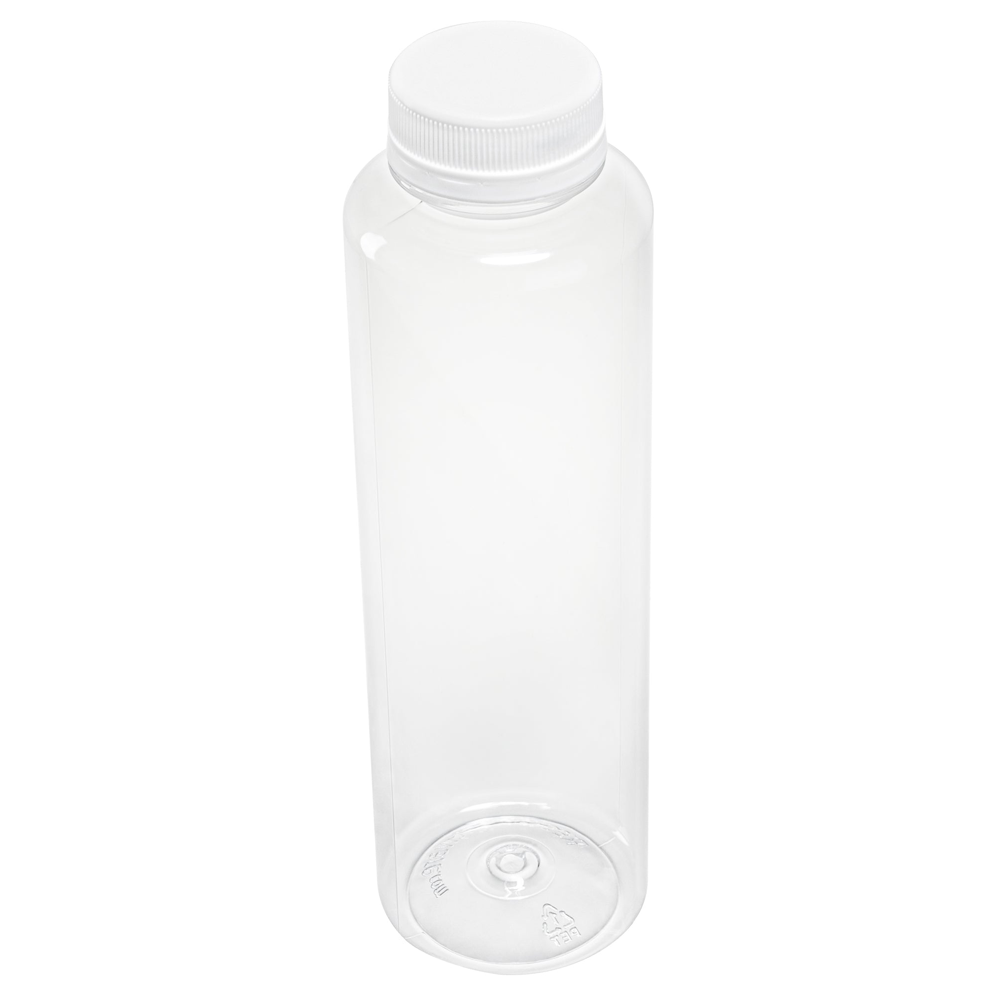 Bottle Tek 16 oz Round Clear Plastic Cold Pressed Juice Bottle - with Safety Cap - 2 1/4" x 2 1/4" x 8 1/4" - 100 count box