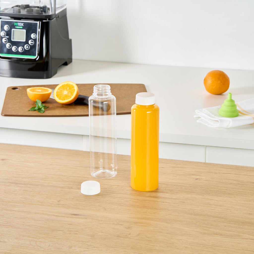 Bottle Tek 16 oz Round Clear Plastic Cold Pressed Juice Bottle - with Safety Cap - 2 1/4" x 2 1/4" x 8 1/4" - 100 count box