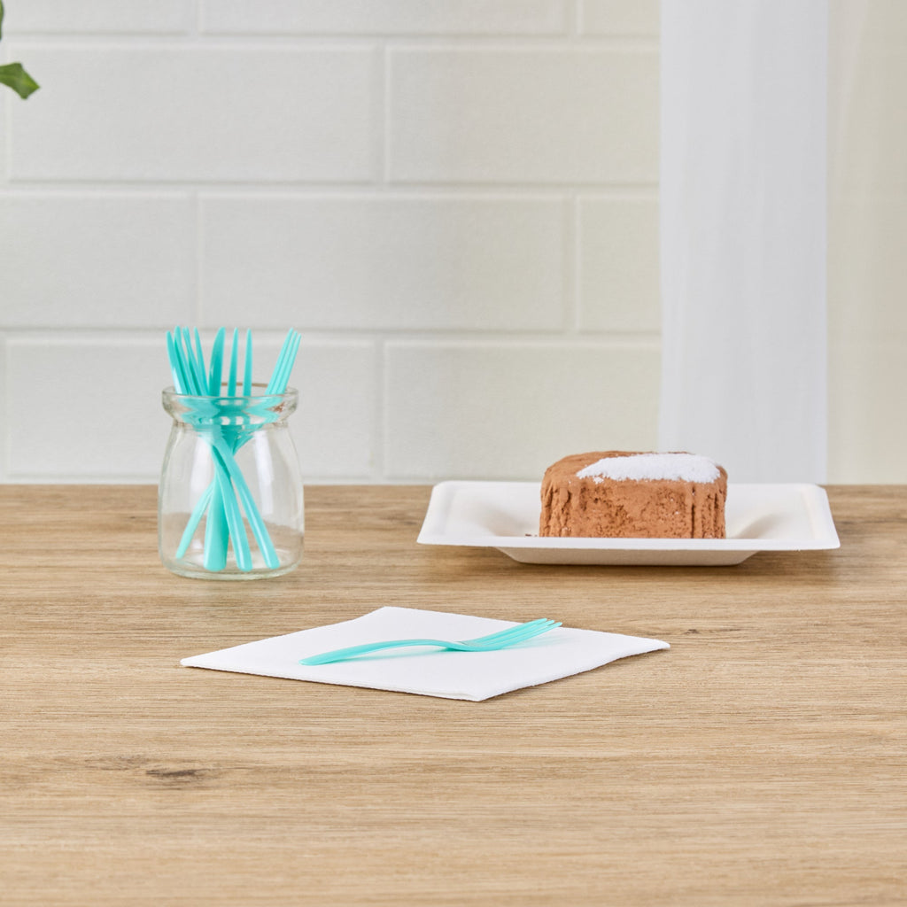 Coppetta Teal Plastic Cake Fork with Knife Edge - 4" x 3/4" - 500 count box