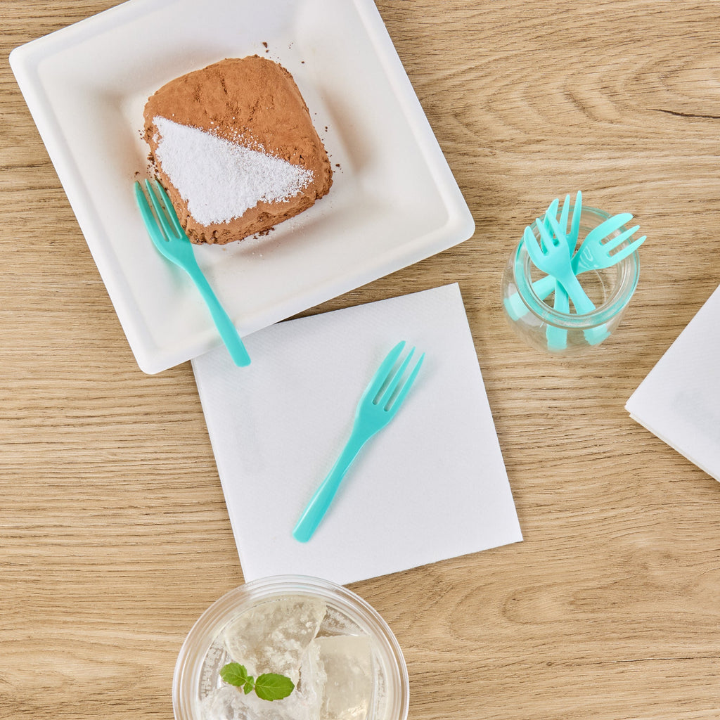 Coppetta Teal Plastic Cake Fork with Knife Edge - 4" x 3/4" - 500 count box