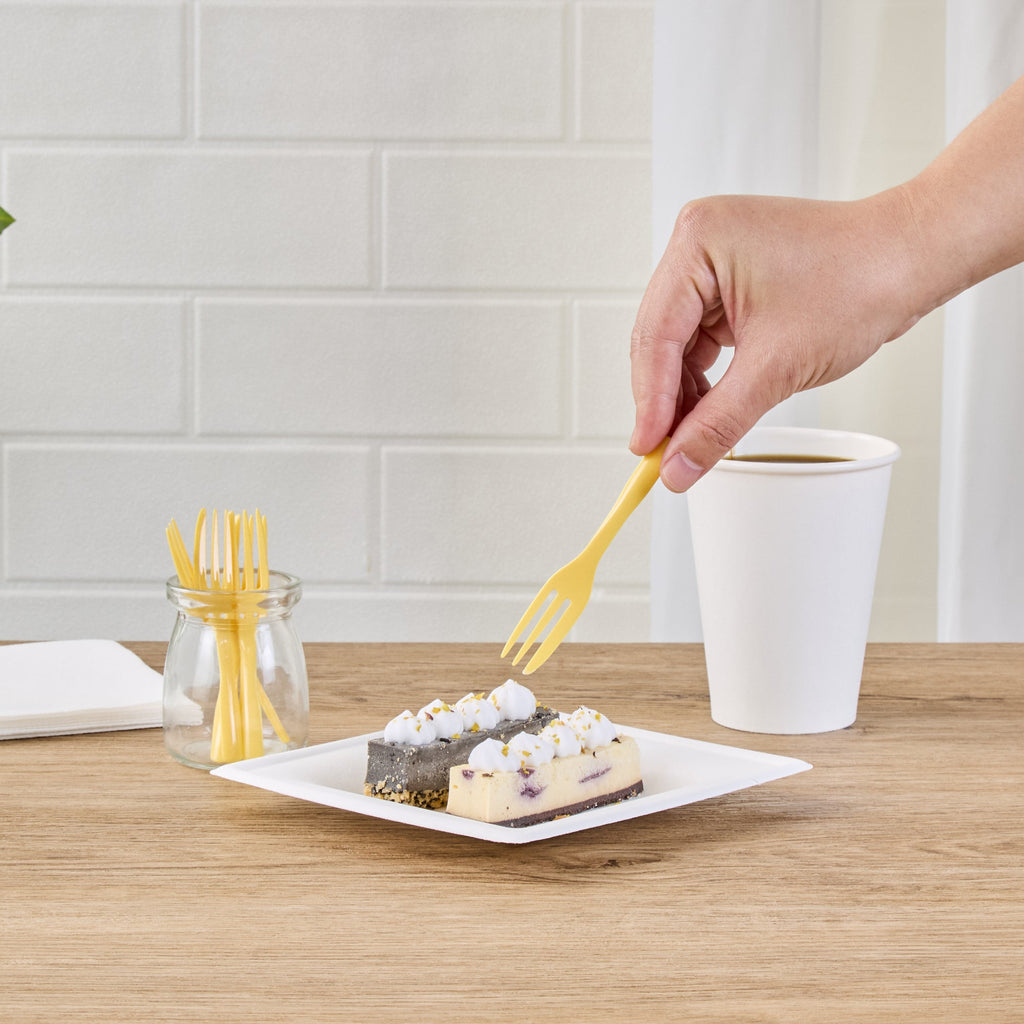 Coppetta Baby Yellow Plastic Cake Fork with Knife Edge - 4" x 3/4" - 500 count box
