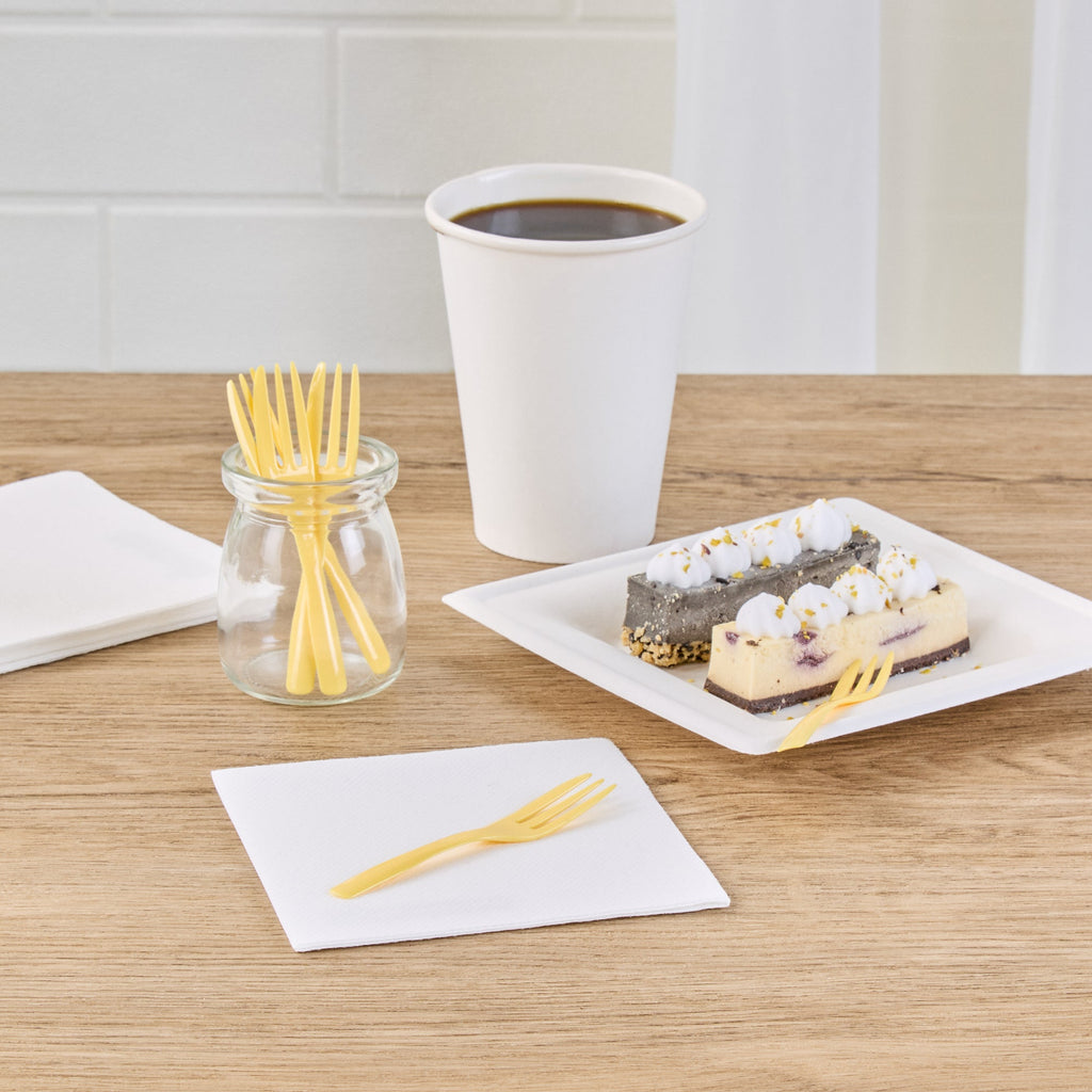 Coppetta Baby Yellow Plastic Cake Fork with Knife Edge - 4" x 3/4" - 500 count box